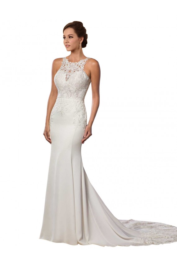 Online Modern Deep V-Neck Sheath Lace Wedding Dress with Open V-Back UK