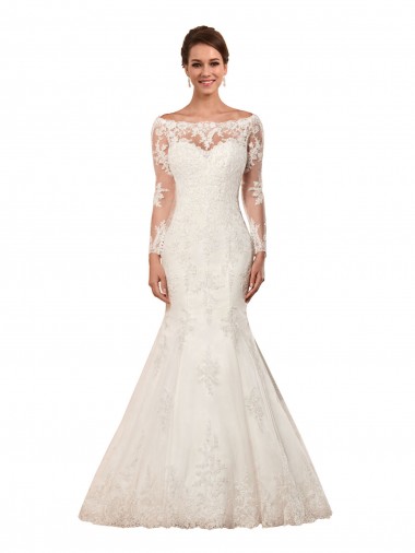 Online Long Sleeves Mermaid Lace Wedding Dress with Illusion Back UK