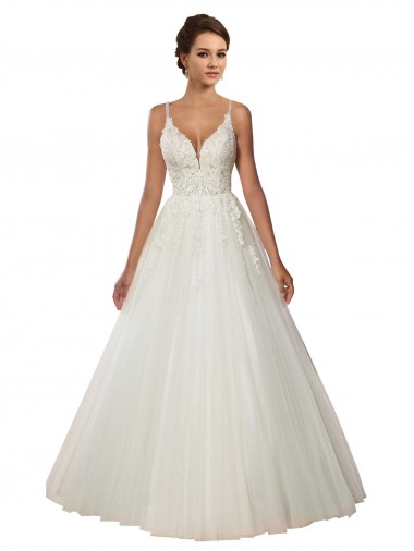 Online Modern Spaghetti Straps Ball Gown Tulle Wedding Dress with Lace Bodice UK