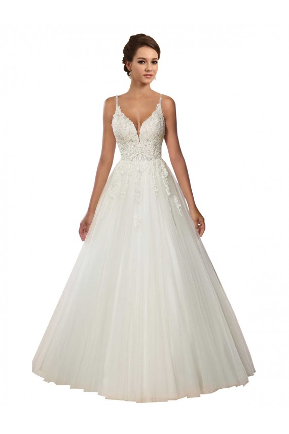 Online Modern Spaghetti Straps Ball Gown Tulle Wedding Dress with Lace Bodice UK