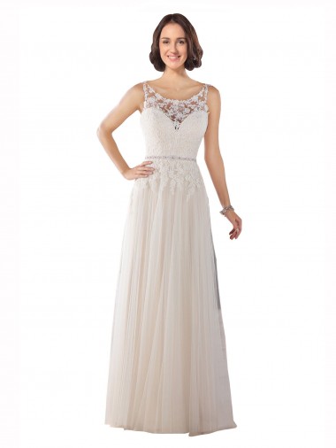 Online High Lace Neck Illusion Back Tulle Boho Wedding Dress UK