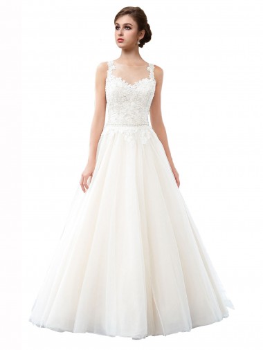 Online Illusion Neck A-Line Tulle Beach Wedding Dress with Lace Bodice UK