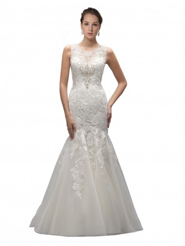 Online Illusion High Neck Mermaid Lace Wedding Dress UK