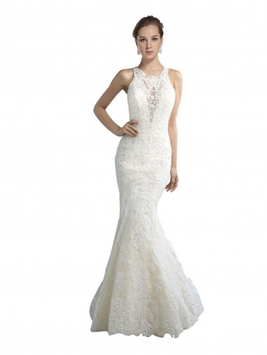 Online Deep Illusion Neck Mermaid Tulle Beach Wedding Dress with All Over Lace UK