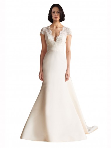 Online V-Neck Lace Bodice A-Line Satin Wedding Dress with Keyhole Back UK