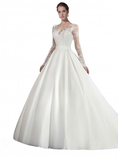 Online Long Sleeves Illusion Neck A-Line Satin Wedding Dress with Lace Bodice UK