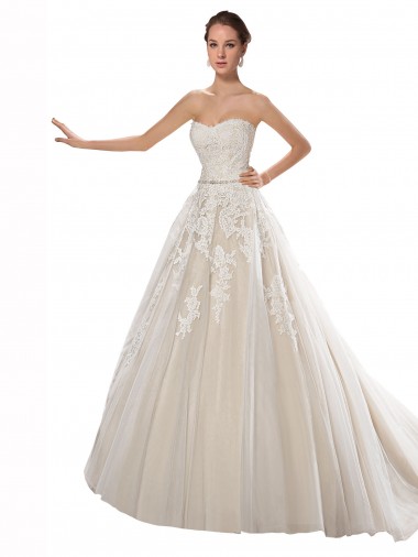 Online Strapless Ball Gown Tulle Wedding Dress with Lace Cascades UK