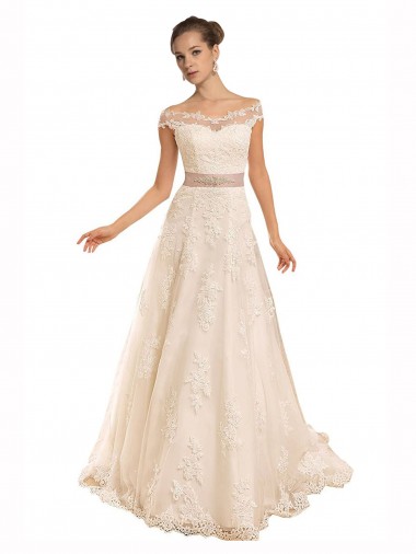Online Off the Shoulder Illusion Back A-Line Lace Beach Wedding Dress UK