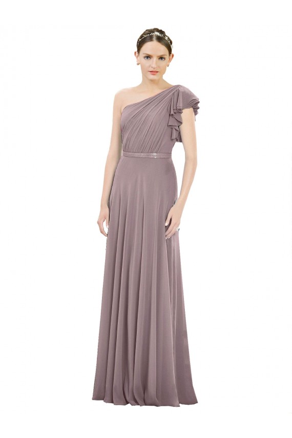 Online Full Length One Shoulder Chiffon Bridesmaid Dress with Shoulder Ruffle UK
