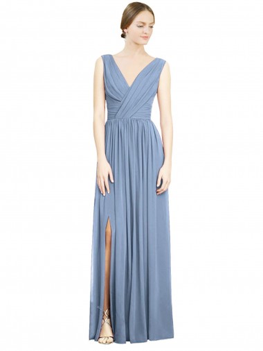 Online Sleeveless Draped Chiffon Maxi Bridesmaid Dress with Front Slit UK