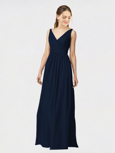 Online Long Chiffon Bridesmaid Dress with Shirred Bodice and V-Neckline UK