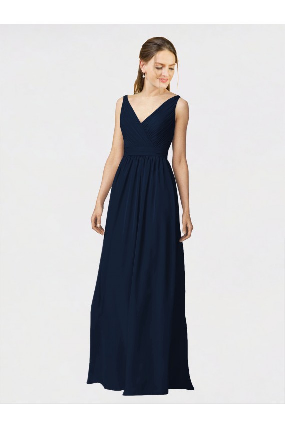 Online Long Chiffon Bridesmaid Dress with Shirred Bodice and V-Neckline UK