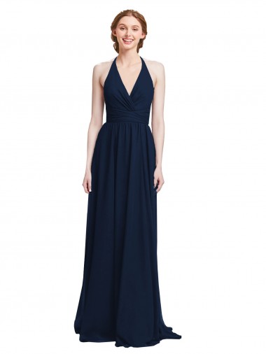 Online Halter Chiffon Bridesmaid Dress with V-Neckline and Criss Cross Waist UK