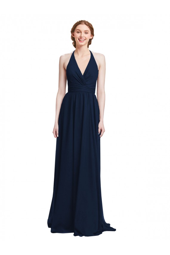 Online Halter Chiffon Bridesmaid Dress with V-Neckline and Criss Cross Waist UK