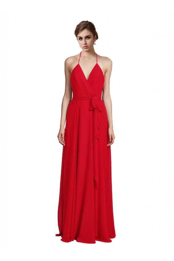 Online V-Neck Spaghetti Halter Strap Chiffon Bridesmaid Dress UK