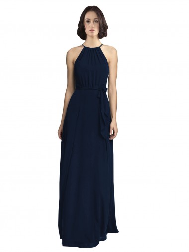 Online High Neckline Floor Length Chiffon Bridesmaid Dress with Belt UK