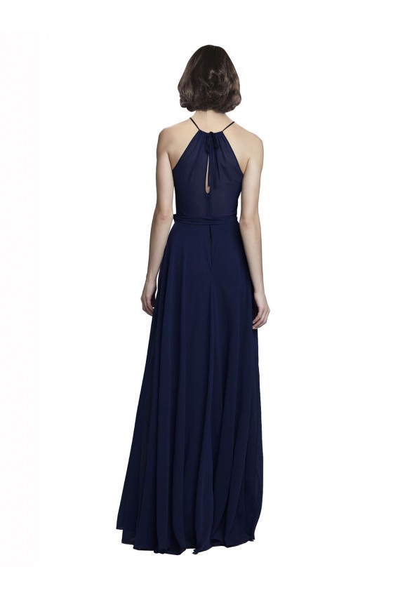Online High Neckline Floor Length Chiffon Bridesmaid Dress with Belt UK