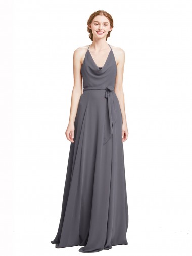 Online Spaghetti Strap Long Chiffon Bridesmaids Dress with Halter Cowl Neck UK