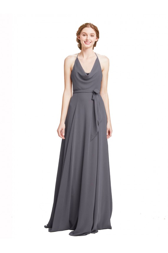 Online Spaghetti Strap Long Chiffon Bridesmaids Dress with Halter Cowl Neck UK