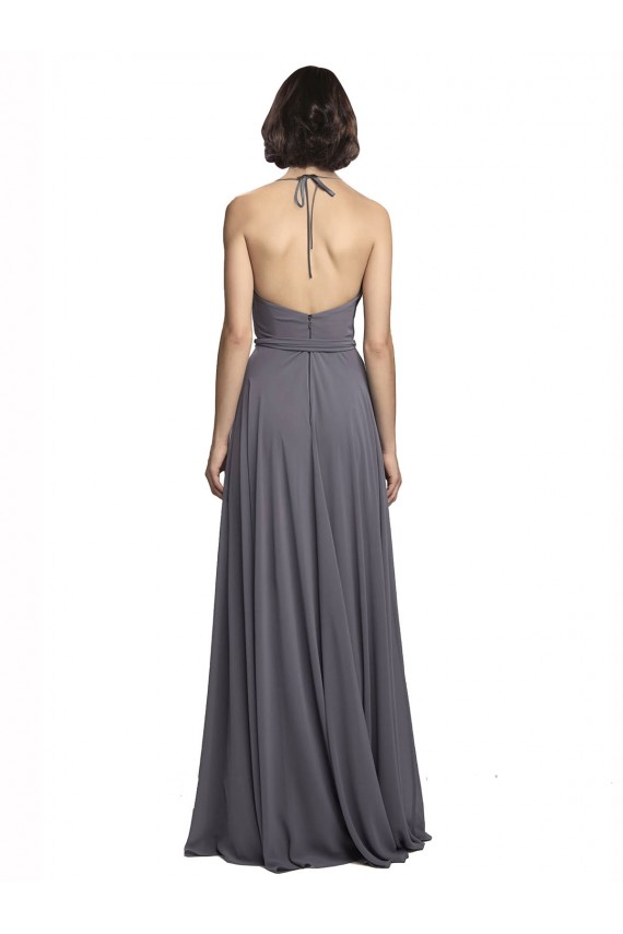 Online Spaghetti Strap Long Chiffon Bridesmaids Dress with Halter Cowl Neck UK