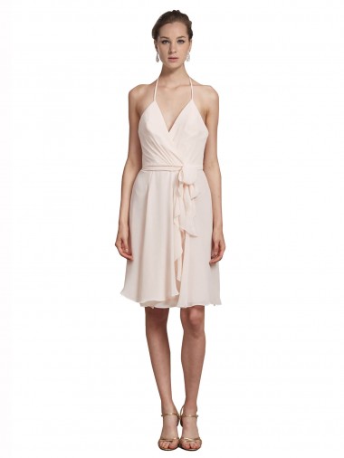 Online Short Knee Length Wrap Chiffon Halter Bridesmaids Dress UK