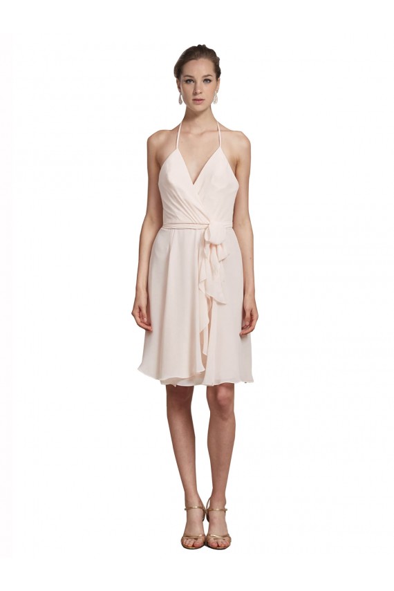 Online Short Knee Length Wrap Chiffon Halter Bridesmaids Dress UK