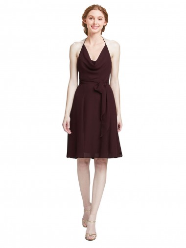 Online Short Knee Length Chiffon Bridesmaids Dress with Halter Cowl Neck UK