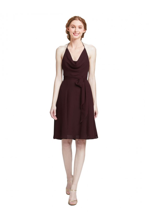 Online Short Knee Length Chiffon Bridesmaids Dress with Halter Cowl Neck UK