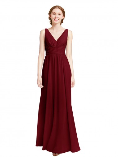 Online Long Chiffon V-Neck Bridesmaids Dress with Double Strap UK