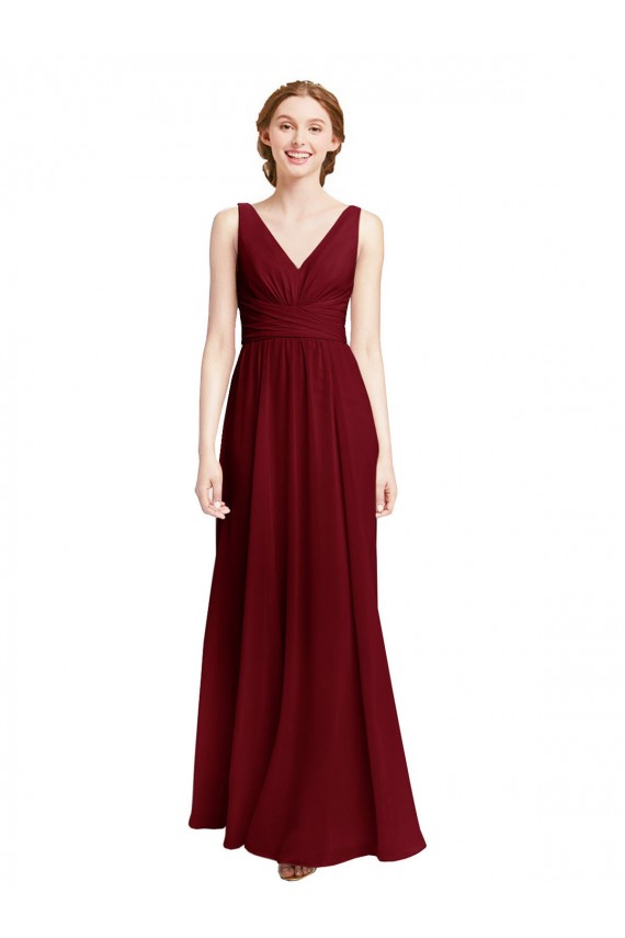 Online Long Chiffon V-Neck Bridesmaids Dress with Double Strap UK