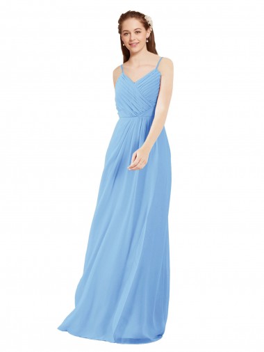 Online Pleated Low Back Long V-Neck Chiffon Bridesmaid Dress with Thin Straps UK