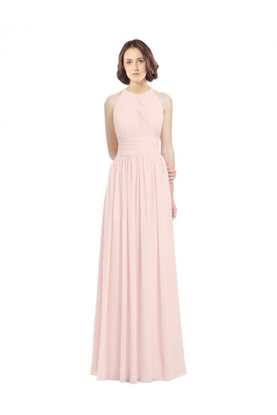 Online Sleeveless Chiffon High Neck Bridesmaid Dress with Diagonal Pleats UK