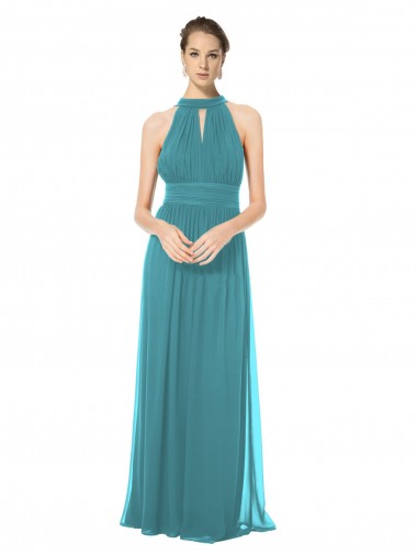 Online Ruched Long Chiffon Halter Bridesmaid Dress with Tie Back and Tails UK