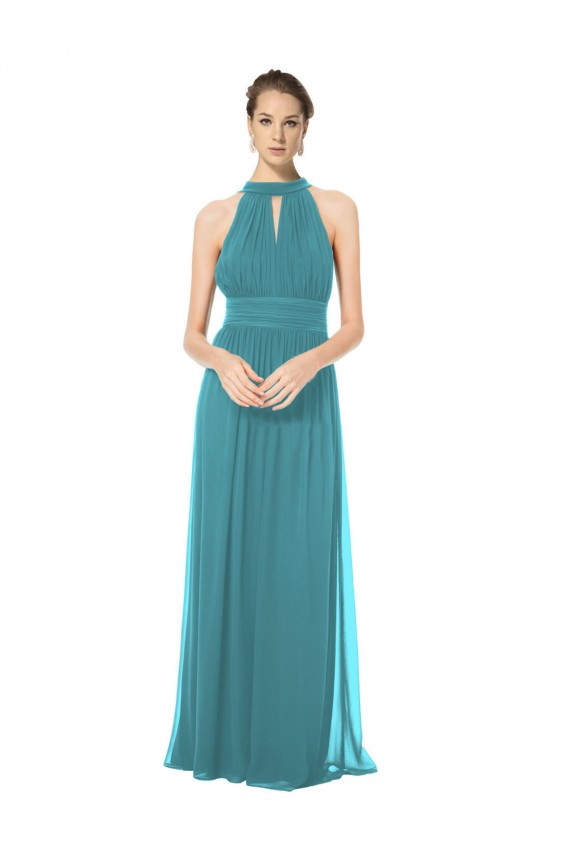 Online Ruched Long Chiffon Halter Bridesmaid Dress with Tie Back and Tails UK