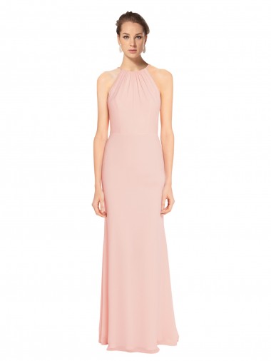Online High Neck Long Chiffon Halter Bridesmaid Dress with Drape Chiffon Overlay UK