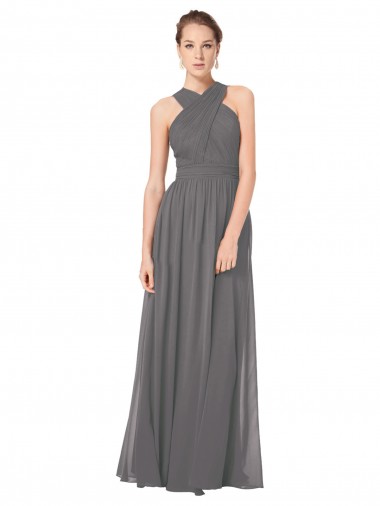 Online Long Chiffon Halter Bridesmaid Dress Keyhole Back UK
