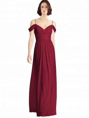 Online Off the Shoulder Long Chiffon Bridesmaid Dress with Pleated Sleeves UK