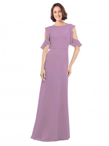Online Long Chiffon Bridesmaids Dress with Flounced Sleeve Detail and Criss Cross Back UK