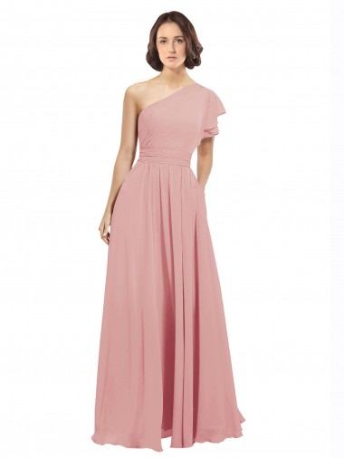 Online Chiffon Bridesmaids Dress with One Shoulder Flounced Sleeve UK