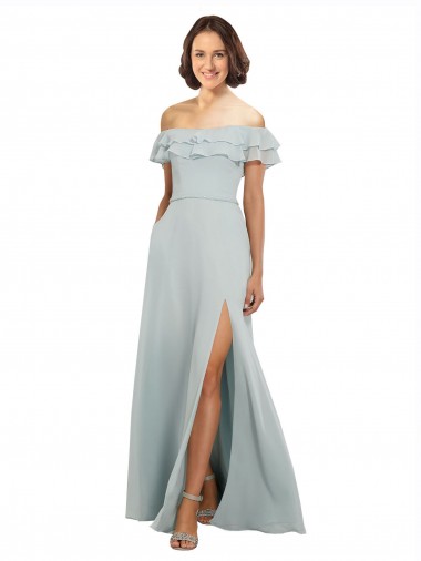 Online Luxe Chiffon Bridesmaids Dress with Off the Shoulder Flounced Neckline UK
