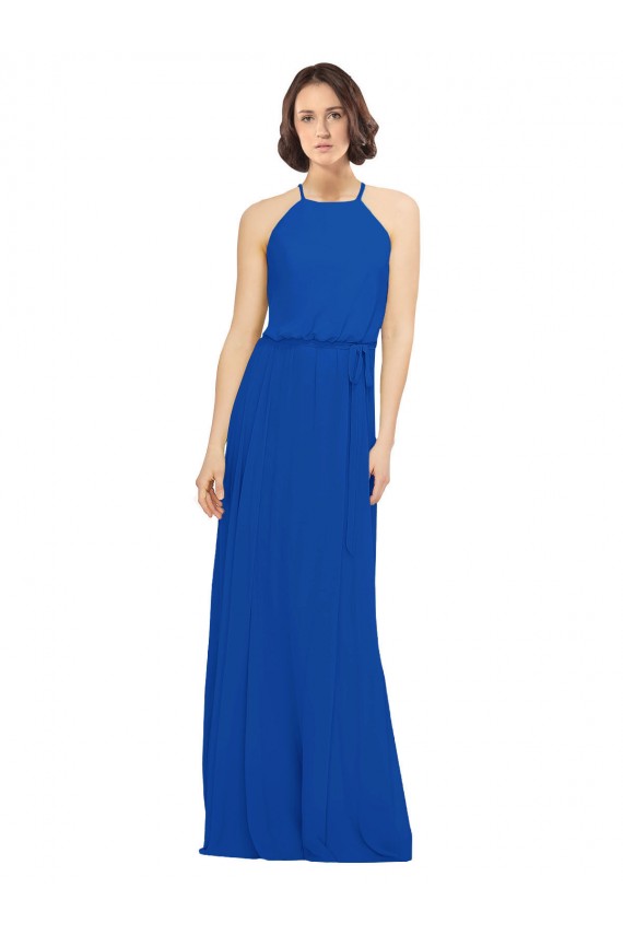 Online Long Jewel Neckline Chiffon Bridesmaids Dress wit Chiffon Tie Sash UK