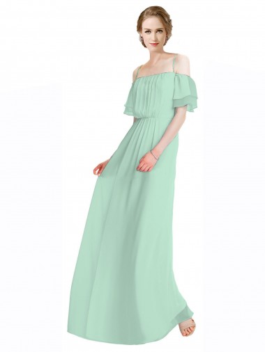 Online Spaghetti Straps Long Chiffon Off-The-Shoulder Bridesmaid Dress with Double Flounce Sleeves UK