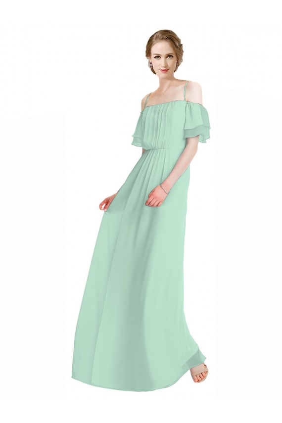 Online Spaghetti Straps Long Chiffon Off-The-Shoulder Bridesmaid Dress with Double Flounce Sleeves UK