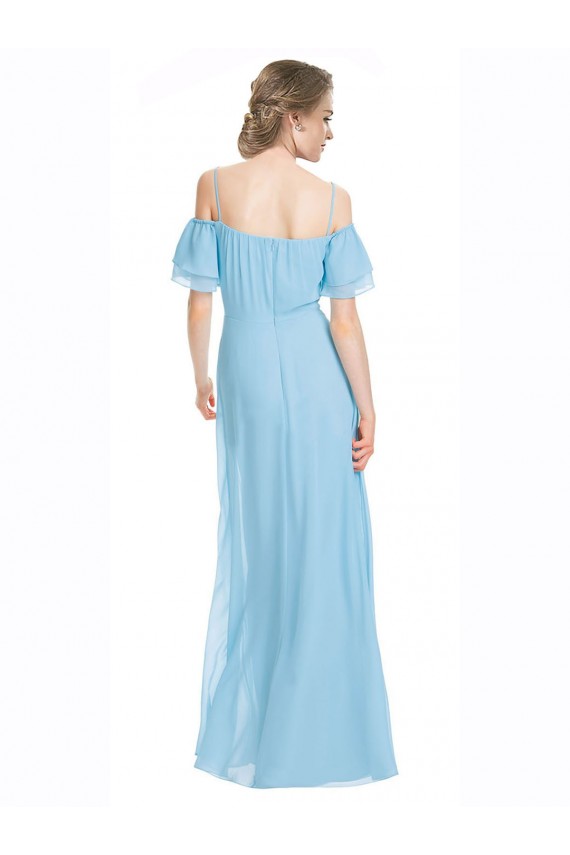 Online Spaghetti Straps Long Chiffon Off-The-Shoulder Bridesmaid Dress with Double Flounce Sleeves UK