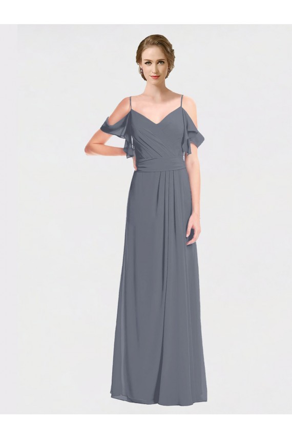 Online Long Chiffon Spaghetti Strap V-Neck Bridesmaid Dress with Off-The-Shoulder Flutter Sleeves UK