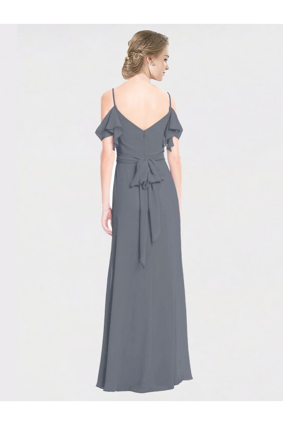Online Long Chiffon Spaghetti Strap V-Neck Bridesmaid Dress with Off-The-Shoulder Flutter Sleeves UK
