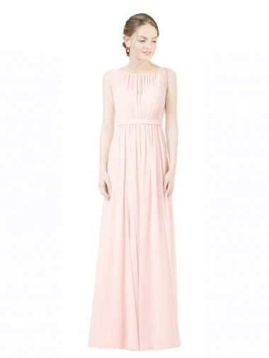 Online Long Chiffon Sleeveless Bridesmaid Dress with Sheer Illusion Top and V-Back UK