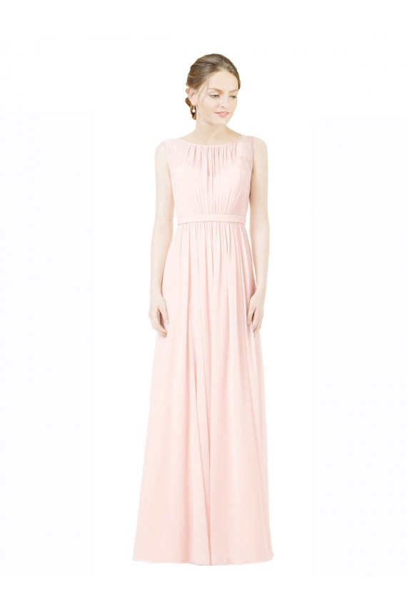 Online Long Chiffon Sleeveless Bridesmaid Dress with Sheer Illusion Top and V-Back UK