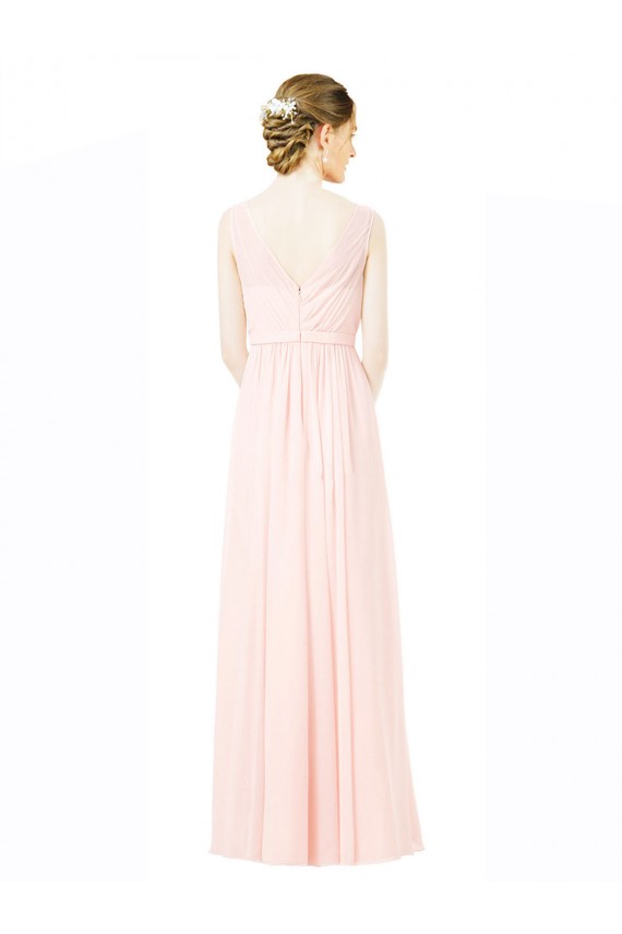 Online Long Chiffon Sleeveless Bridesmaid Dress with Sheer Illusion Top and V-Back UK