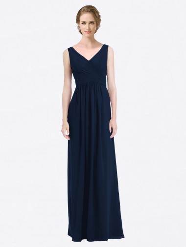 Online Long Chiffon V-Neck Sleeveless Bridesmaid Dress with Criss-Cross Pleated Bodice UK